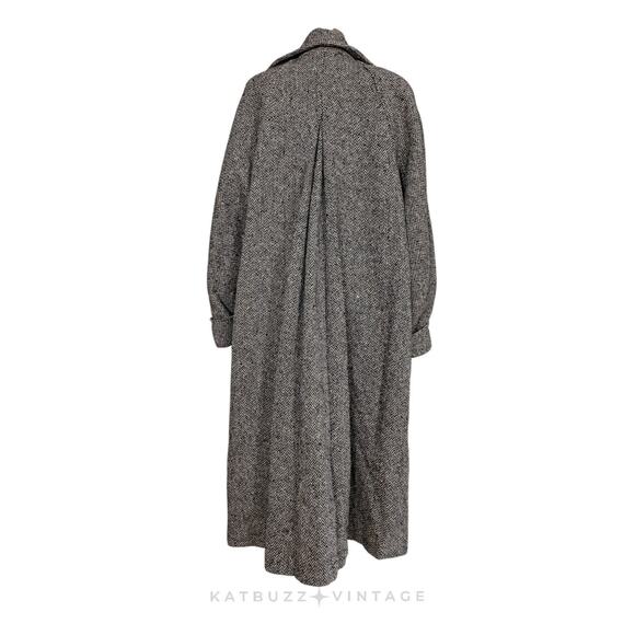 Vintage Wool Blend Coat L Black Cream 80s 90s Overcoat Trench Herringbon Classic - Picture 2 of 16